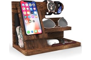 Iswabard Birthday Gifts for Men Wooden Phone Docking Station Organizer Dad Birthday Nightstand Organizer Desk Organizer Wood Gifts for Men Valentines Day Gifts for Men