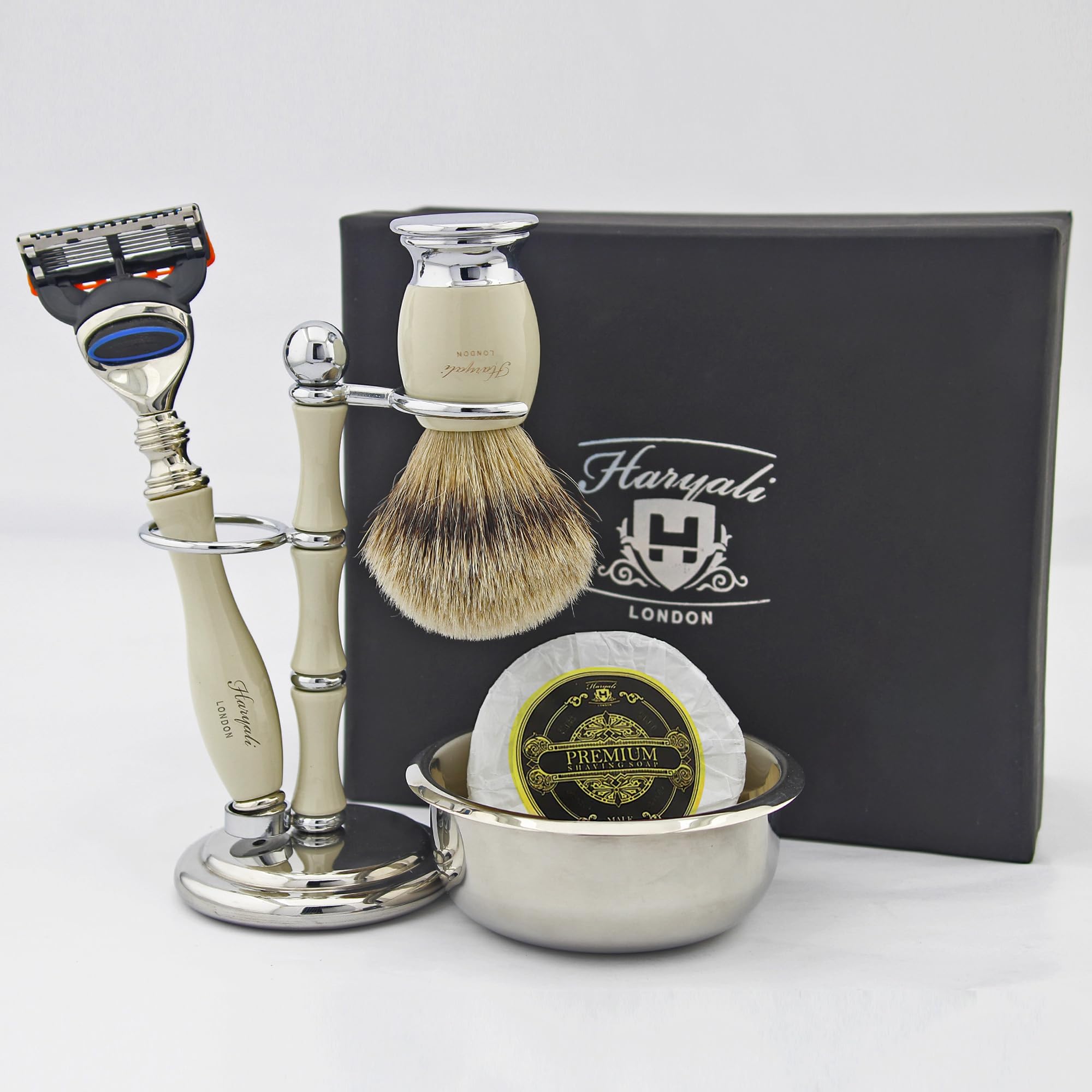 Haryali London, 5 pcs Shaving Set for Men – Badger Shaving Brush Set with 5 Edge Razor, Shaving Stand and Bowl Set, Shaving Soap Bowl Set, Classic Wet Shaving Kit Men Gift - Off White Color