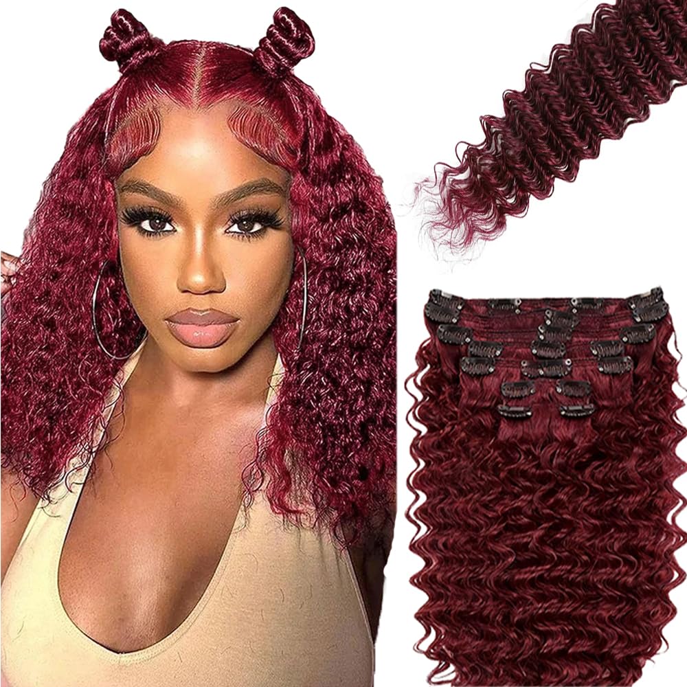 Photo 1 of #99J Burgundy Deep Wave Clip in Hair Extensions - 16 Inch Real Remy Wine Red Human Hair,120g 7pcs,Burgundy Deep Curly Clip ins for Women