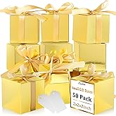 Dyrfolm 50 Pack Small Gift Boxes, 2x2x2 inch Favor Boxes with Gold Ribbons, Paper Gift Boxes with Lids for Presents, Candy Boxes for Wedding, Party, Christmas, Holidays, Birthdays, Baby Showers