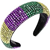 HSWE Mardi Gras Rhinestone Padded Headband Crystal Purple Green Yellow Velvet Wide Bejeweled Hairband Carnival Party Hairhoop