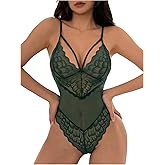 SHENHE Women's Lace Lingerie Deep V Neck Sheer Mesh Teddy Lingerie Bodysuit