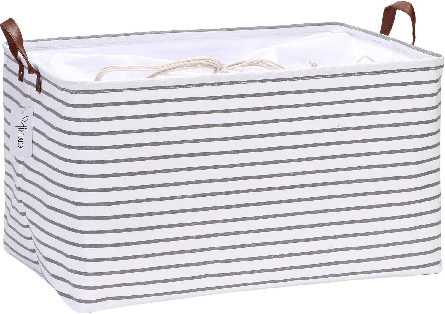 Hinwo 70L Extra Large Capacity Storage Basket Canvas Fabric Storage Bin Collapsible Storage Box with PU Leather Handles and Drawstring Closure, 22 by 15 inches, Waterproof Inner Layer, Grey Stripe