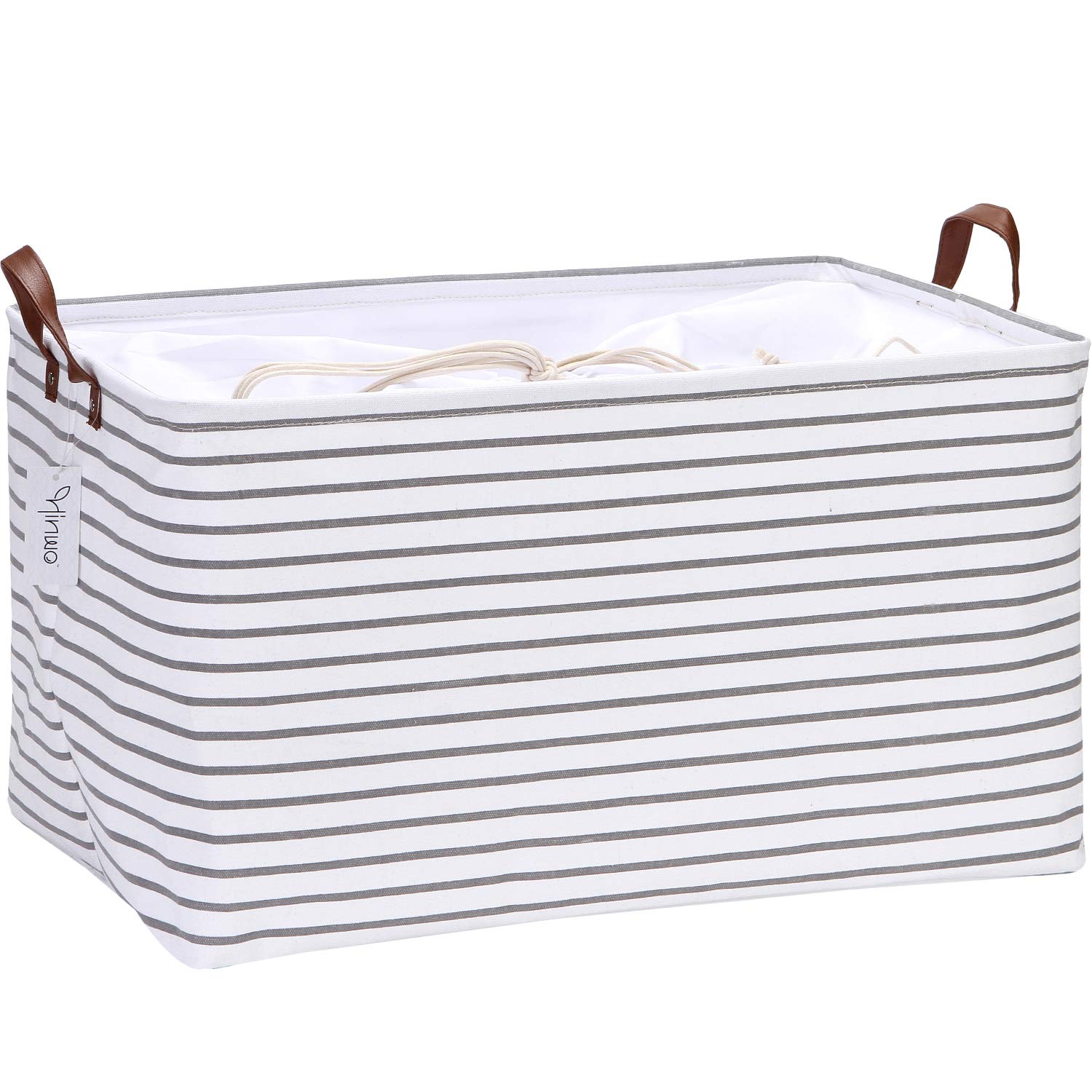Hinwo 70L Extra Large Capacity Storage Basket Canvas Fabric Storage Bin Collapsible Storage Box with PU Leather Handles and Drawstring Closure, 22 by 15 inches, Waterproof Inner Layer, Grey Stripe