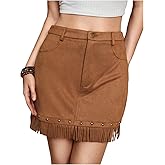 Floerns Women's Suede Rivet High Waisted Skirt Western Fringe Trim Hippie Mini Skirt