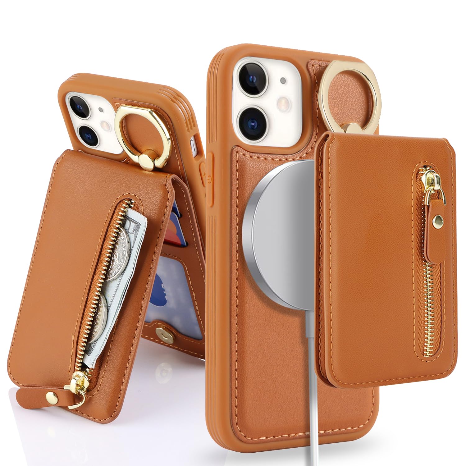 SailorTech iPhone 12 Mini Phone Leather Case with Credit Card Holder Magsafe, iPhone 12 Mini Case Ring Stand with Kickstand Card Slots Wallet Detachable 2-in-1 Zipper Case - Brown — image 1