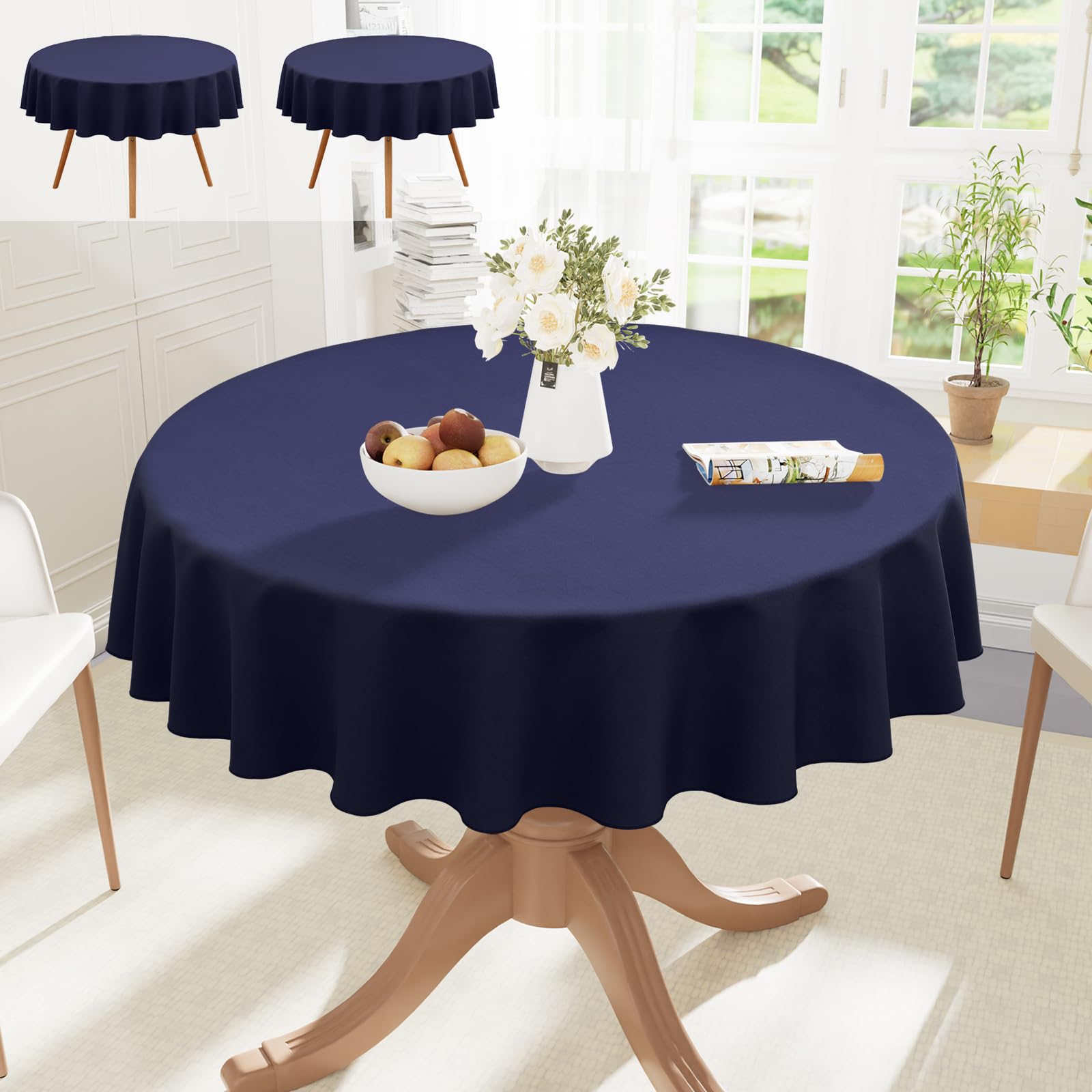 smiry Table Cloth Round 150 cm Pack of 2 - Washable Fabric Dining Tablecloth, Dust-Proof Polyester Table Cover for Party Garden Kitchen Outdoor, Dark Blue