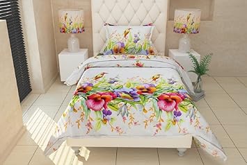 SinghsVillas Decor Cotton 5D FLORAL SINGLE BEDSHEET with 1 PILLOW COVER,90x60-inch(White)