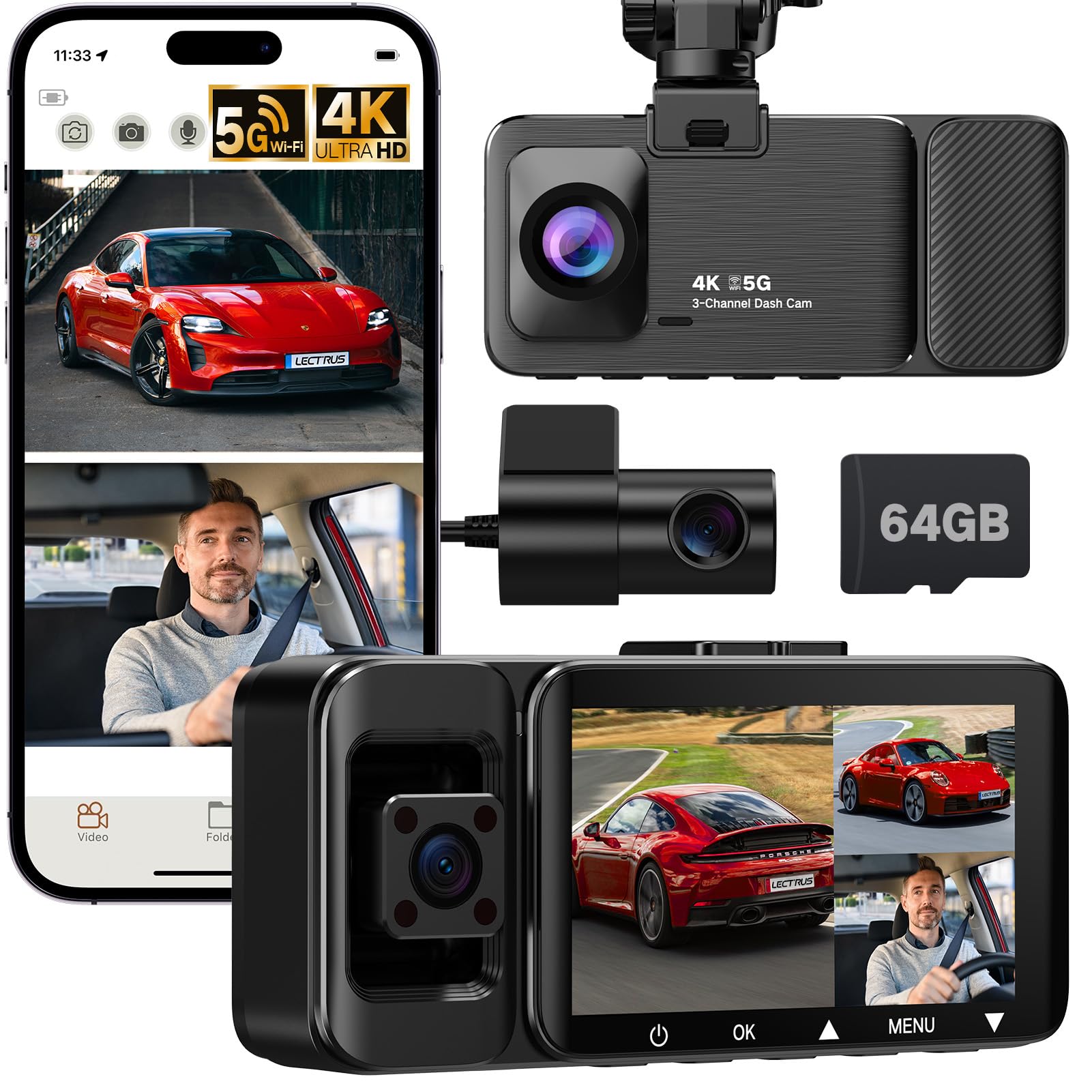 Photo 1 of 3 Channel Dash Camera for Cars, 4K UHD Dash Cam Front and Rear Inside with 64GB Card, 170°+150°+140° Wide Angle Recording, G-Sensor, Loop Recording, 24H Parking Monitor, Night Vision, 5GHz WiFi