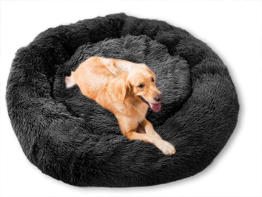 Wiliharui Warm Fluffy Extra Large Dog Beds, Washable Round Calming Fur Donut Cuddler Pet Bed for Large Extra Large Dog (L-80cm,Black)