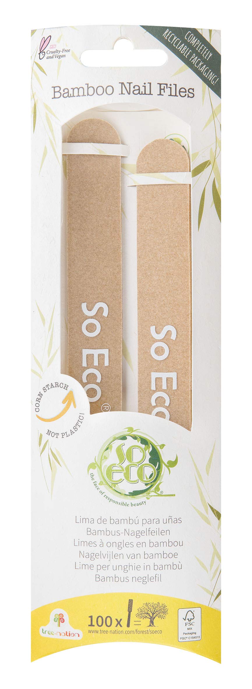 So Eco 2 Bamboo Nail Files - 100 Grit Dual-Sided Nail Files, Nail Shaping & Smoothing for Natural & False Nails, Vegan, Cruelty-Free & Plastic-Free Packaging