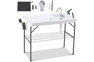Dragosum Outdoor Sink Fish Cleaning Table Portable Camping Table with Faucet Hose Hook Up Grid Rack, Fish Fillet Camping Sink Table, Fish Cleaning Kit for Picnic Beach Patio