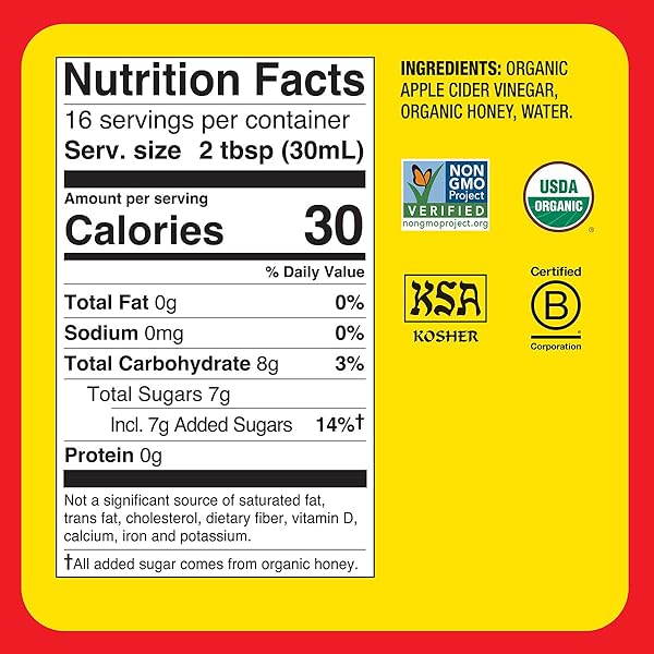 BRAGG ORGANIC APPLE CIDER VINEGAR HONEY BLEND WITH THE MOTHER – 16 FL OZ – RAW AND UNFILTERED
