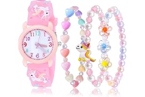 NEWITIN 4 Pieces Girls Watch Bracelets Set 3D Cartoon Waterproof Toddler Watches Flower Watch Jewelry Set for Girls 3-10 Years Old Kids