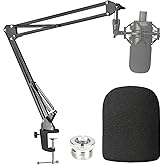 Audio-Technica AT2020 Mic Boom Arm with Foam Windscreen, Suspension Boom Scissor Arm Stand with Pop Filter Cover for Audio-Te