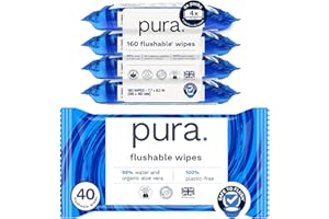 Pura XL Flushable Adult Wipes Unscented Extra Large Wet Wipes with Aloe Vera & 99% Water, Sensitive Skin, 4 Pack of 40 (160 Wipes), Personal Hygiene Toilet
