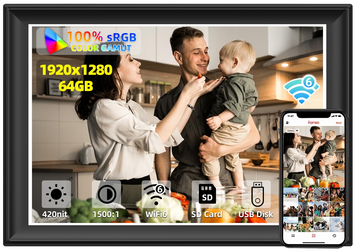 11inch 64GB Digital Picture Frame WiFi6&5G Digital Photo Frame 100% sRGB 1920x1280 FHD IPS Touch Screen,Share Photos & Videos via Frameo App, Extend Storage by USB Drive and SD Card, Weather,Clock