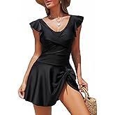 Smismivo One Piece Swim Dress Tummy Control Swimsuit with Skirt Modest Bathing Suit Ruffle Sleeve Swimwear Push Up Swimdress