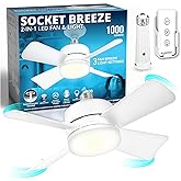 Bell+Howell Socket Breeze Socket Fan Light with Remote, Portable Small Ceiling Fans with Lights for Bedroom, Kitchen, Living Room, Ceiling Fan with Light 3500K, 1000 Lumens, Screws into E26/E27