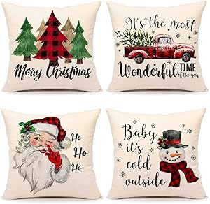 Christmas Pillow Covers 20x20 Set of 4 Farmhouse Christmas Decor Red Black Buffalo Plaids Winter Holiday Decorations Throw Cushion Case for Home Couch(Tree, Rustic Truck, Santa Claus, Snowman Quote)