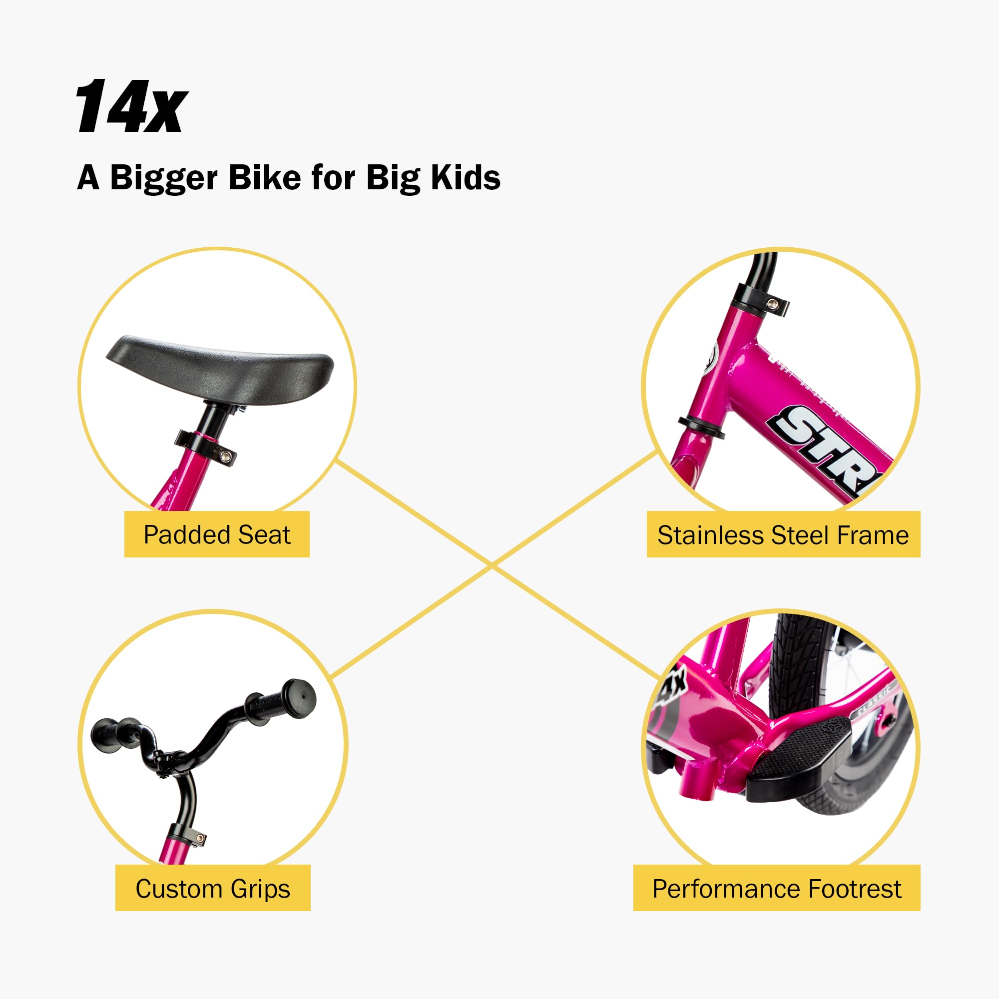 Strider 14x Balance Bike for Kids 3-6 Years with Kid-Size Grips | Performance Footrest | All-Purpose Tires | Padded Seat | Easy Assembly & Adjustments