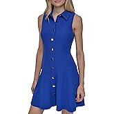 DKNY Women's Sleeveless Collared Neck Button Front Flounce Hem Dress