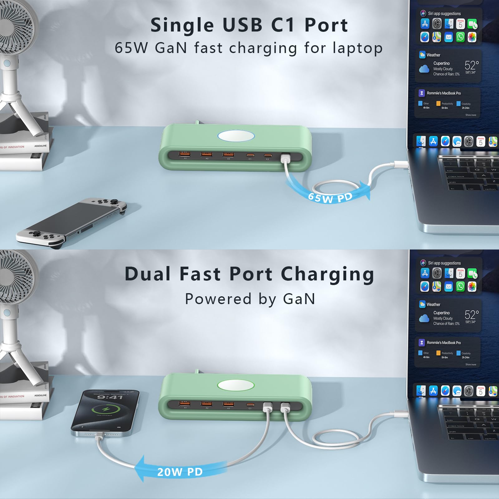 VPSUN 100W USB C Ladegerät Mehrfach für Mehrere Geräte, 6 Port Ladestation 65W USB-C Schnellladegerät für MacBook/iPhone/iPad/Samsung/Pixel/LG(Grün, 100W) 3