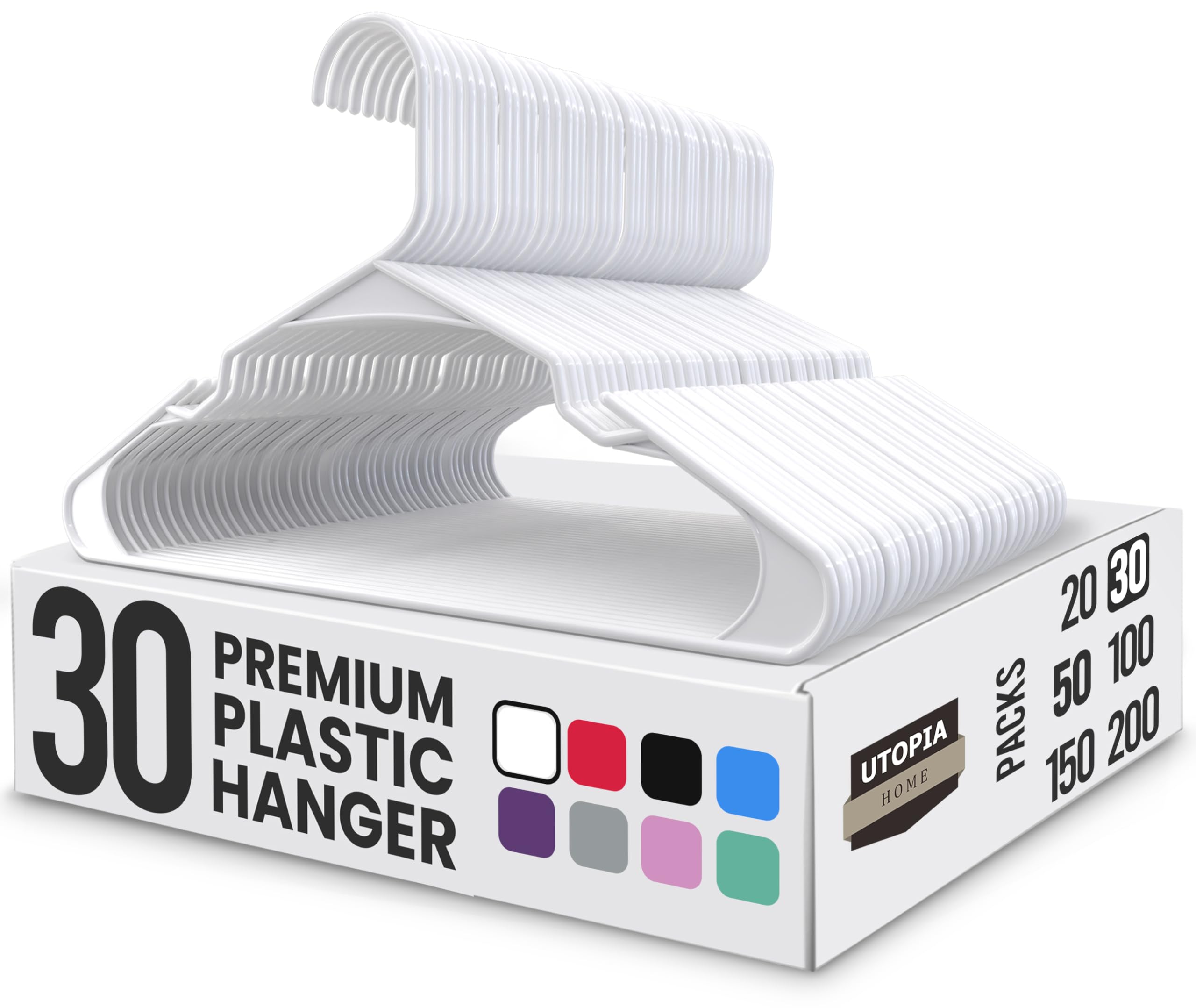 Utopia Home 30 Pack Premium Plastic Clothes Hangers - Durable Coat Hangers Adult with Trouser Bar & Shoulder Grooves, Space Saving Non-Slip Design for Coats, Jackets, Shirts & Suits - White