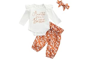 SAYOO Aunties Bestie Baby Clothes Girl Baby Girl Aunt Saying Letter Romper Shirt Floral Flare Pants Headband 3Pcs Outfit
