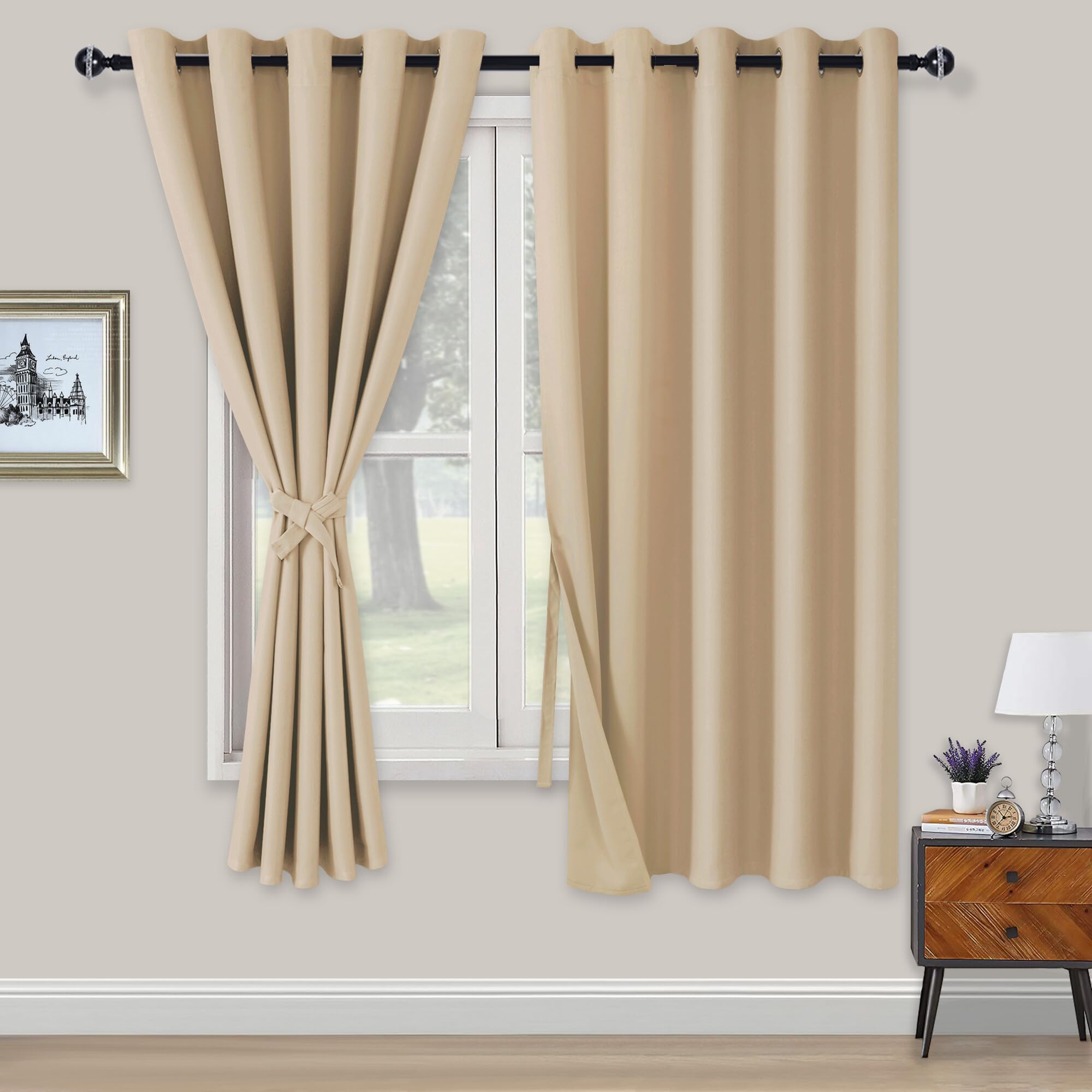 XWZO Blackout Curtains Shades Window Curtain Panels with Tiebacks- Noise Reduction and Thermal Insulated Eyelet Curtains for Bedroom,Living Room,Office,Study Room Beige W66xL72