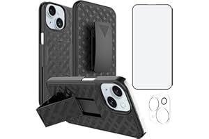 Ailiber Designed for iPhone 15 Case with Stand, iPhone 15 Belt Clip Holster with Camera Lens&Screen Protector, Swivel 2-in-1 Holder, Slim Shockproof Pouch Full Body Protective Cell Phone Cover-Black