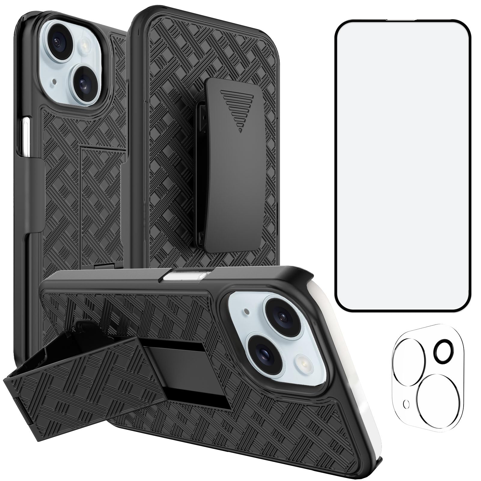 Photo 1 of Ailiber Designed for iPhone 15 Case with Stand, iPhone 15 Belt Clip Holster with Camera Lens&Screen Protector, Swivel 2-in-1 Holder, Slim Shockproof Pouch Full Body Protective Cell Phone Cover-Black