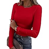 Roselux Womens Long Sleeve Stretch Crewneck Ribbed T-Shirt Fitted Casual Basic Tops