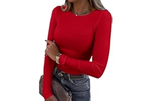 Roselux Womens Long Sleeve Stretch Crewneck Ribbed T-Shirt Fitted Casual Basic Tops