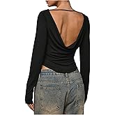 MakeMeChic Women's Open Back Tops Y2k Cowl Neck Tops Going Out Long Sleeve T Shirt