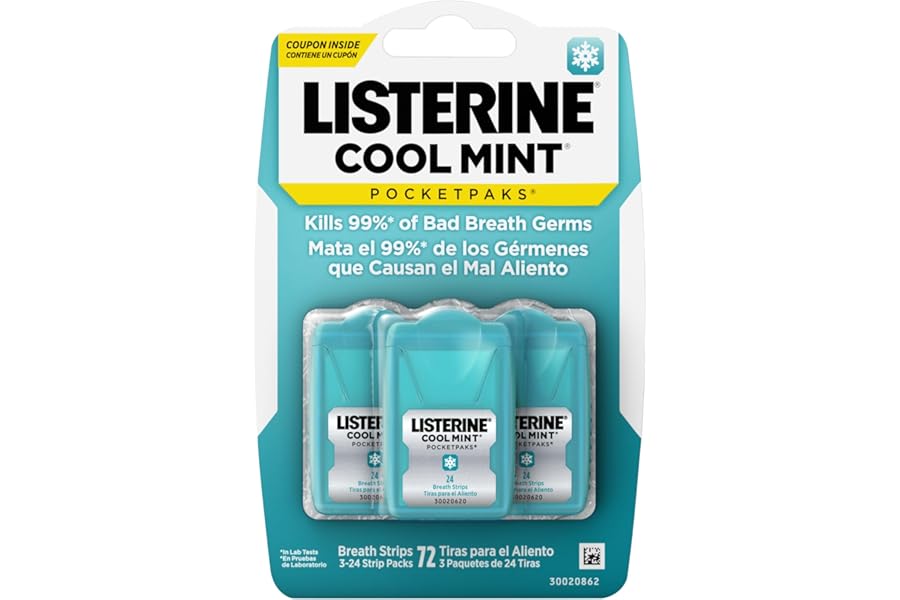 Listerine PocketPaks Cool Mint Breath Strips, Portable Pocket-Sized Oral Care Mouth Freshener, Dissolving Strips Kill 99% of Bad Breath Germs, Sugar Free, 3 x 24-Strip Packs