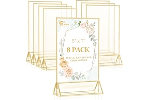 EHWINE 8 Pack 5×7 Clear Acrylic Sign Holder with Gold Borders and Vertical Stand, Double Sided Table Menu Holders Picture Frames for Wedding Table Numbers, Restaurant Signs, Photos and Art Display