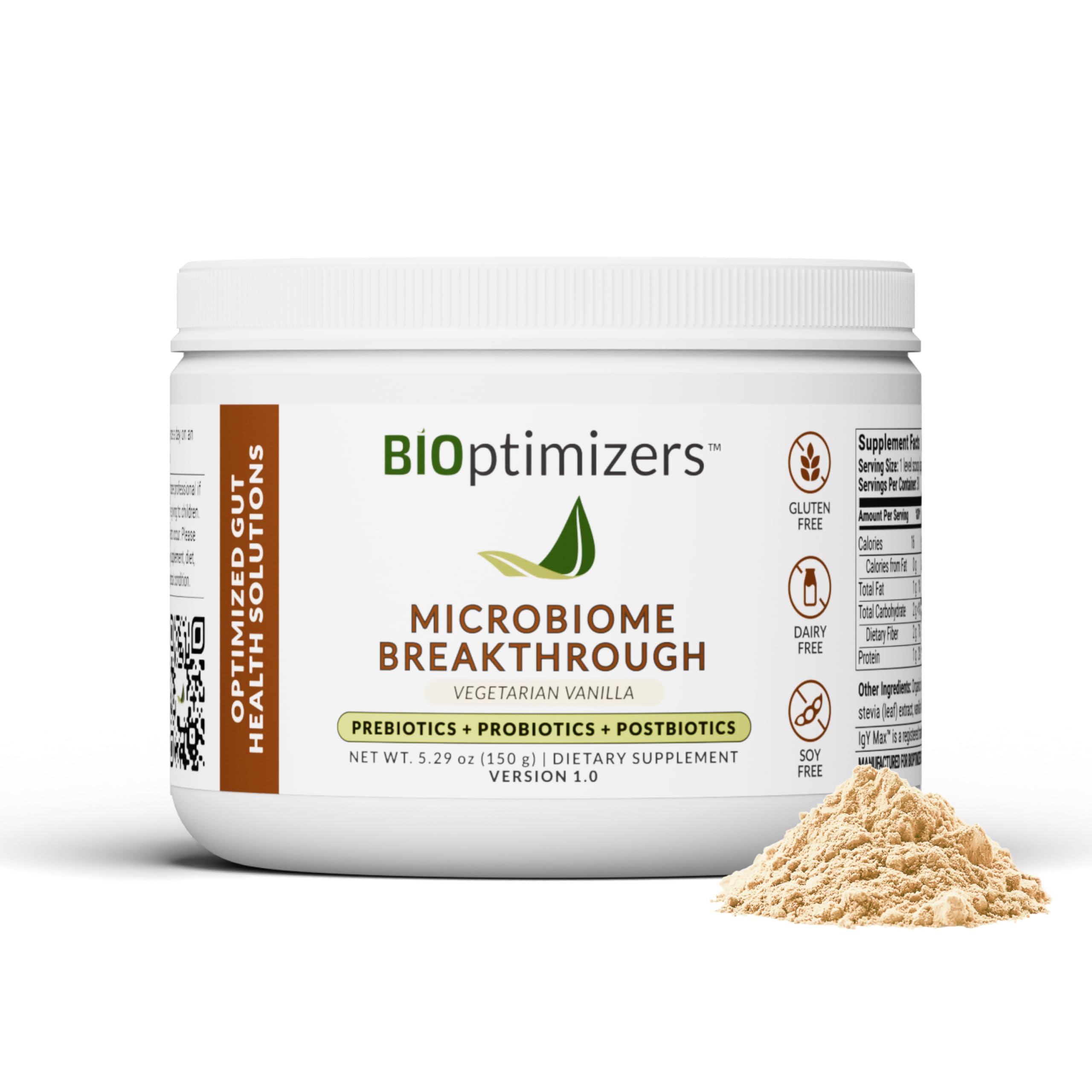 BiOptimizers Microbiome Breakthrough Repair Powder | Contains Probiotics, Gas & Bloating Relief, GI Revive & Improves Gut Health | Vanilla | Vegetarian | 30 Servings | 150g