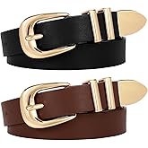 WERFORU 2 Pack Women Leather Belt Fashion Leather Waist Belt for Pants Jean Ladies Western Belt with Gold/Silver Buckle-