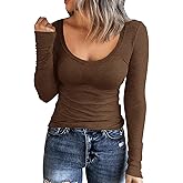 Roselux Women Long Sleeve Scoop Neck Ribbed Fitted Knit Shirt Basic T-Shirts