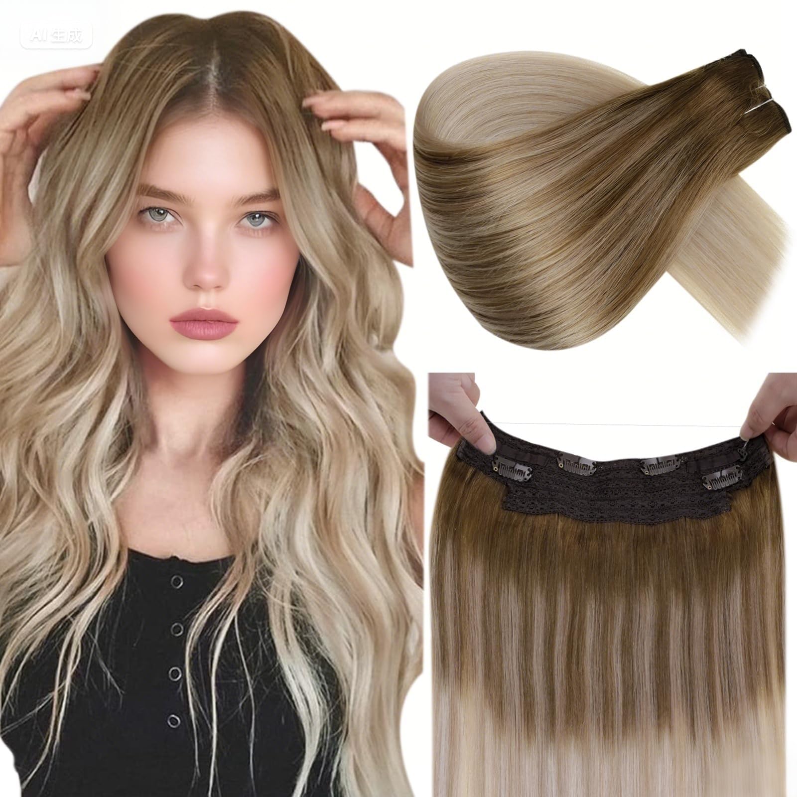 LaaVoo Human Hair Extensions Balayage Light Brown to Ash Blonde & White Blonde Real Remy Hair Invisible Wire Undetectable 100% Real Straight Hair Extensions Long-Lasting 80g 18 Inch #8/18/60