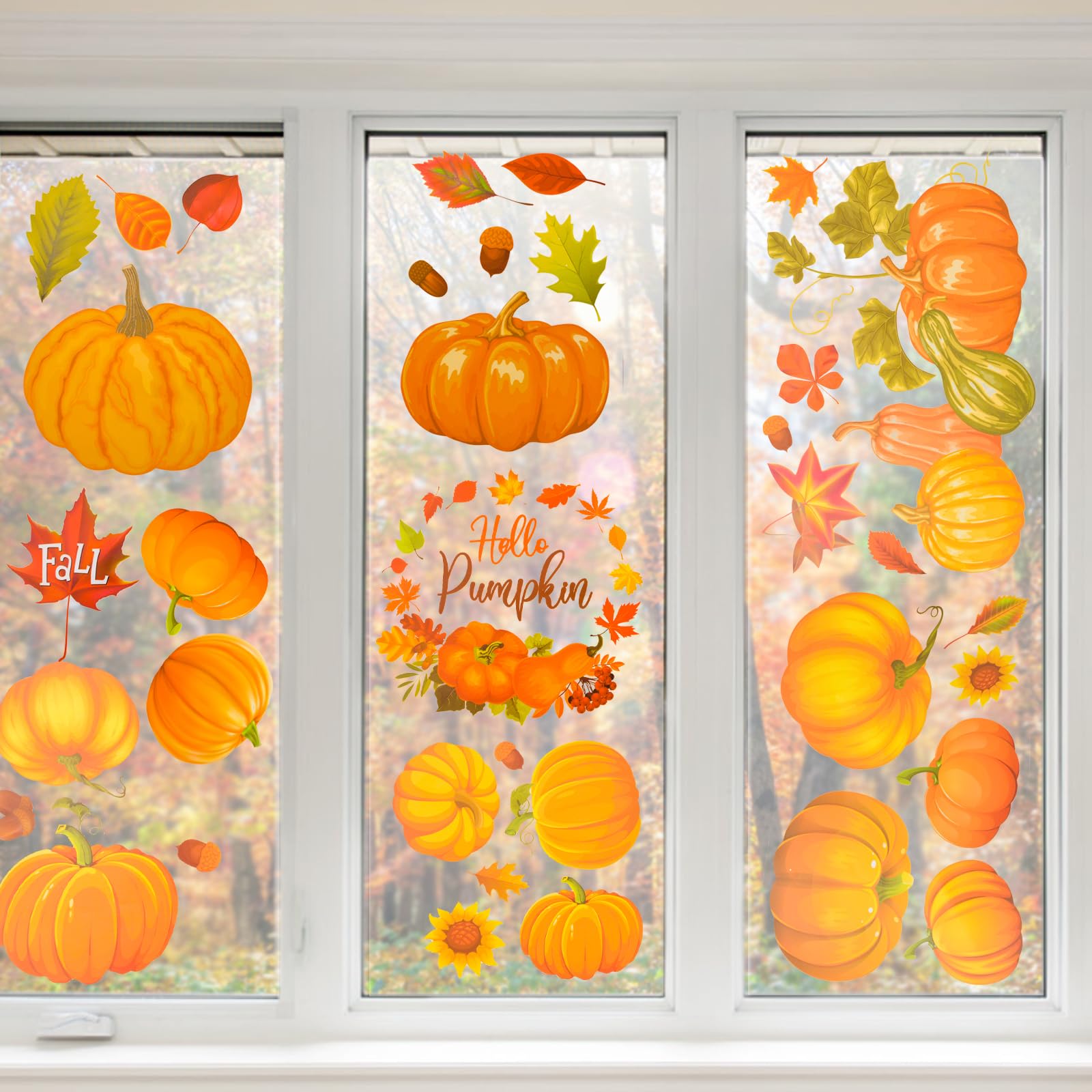 MOROBOR Fall Pumpkin Window Clings,9 Sheet Autumn Maple Leaves Gel Window Clings Stickers Decal Double Sided Reusable Window Decorations for Thanksgiving Harvest Autumn Fall Décor