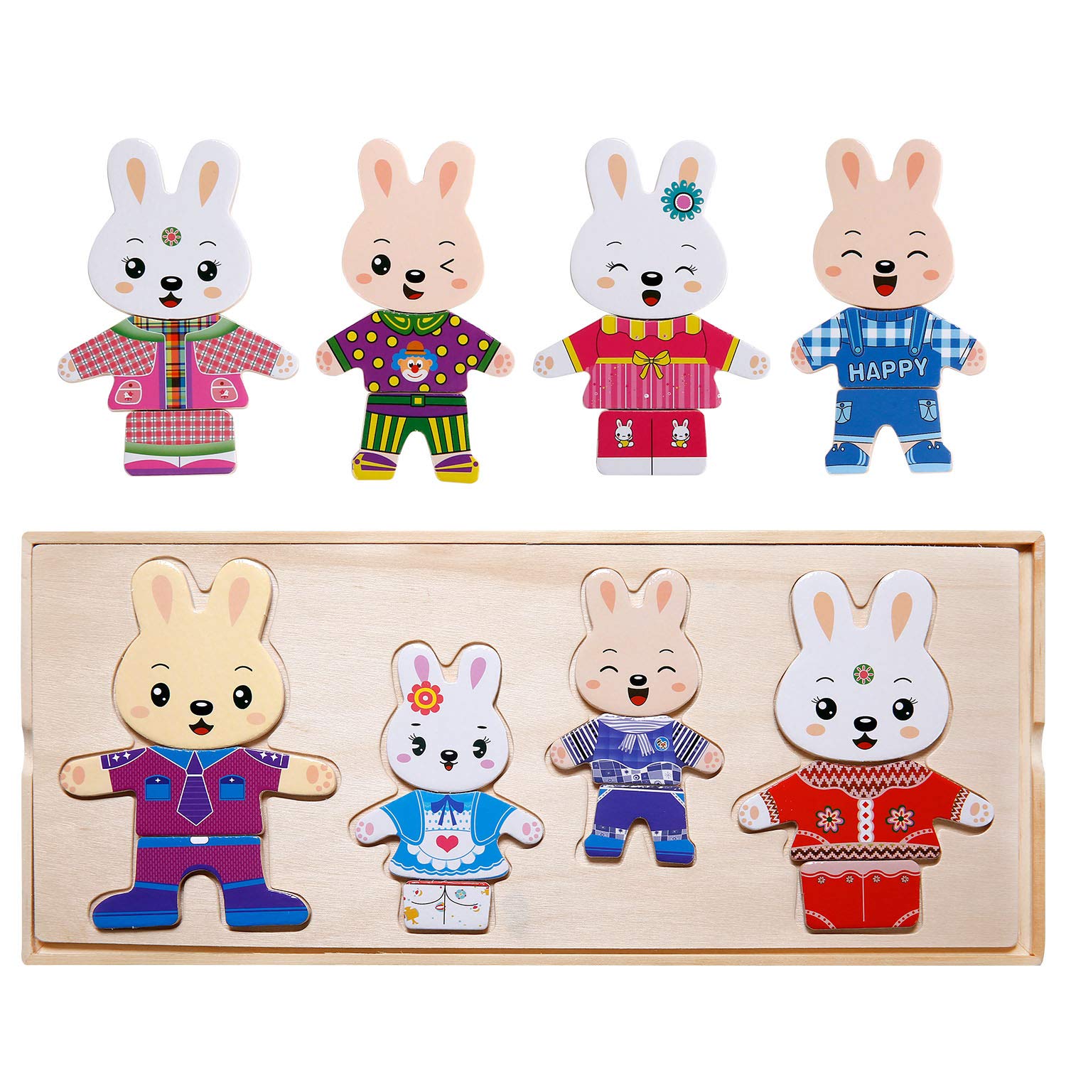 TOHIBEE Wooden Jigsaw Puzzle Rabbit Family Dress-Up Puzzle Toys with Wooden Storage Case, Sorting and Matching Games for Children Kids Toddlers, 72 Pieces