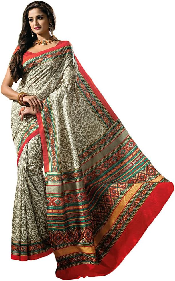 Shree Designer Sarees Women's Amazing Grey Bhagalpuri Silk Saree
