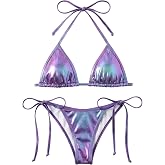 Women's Liquid Metallic Rainbow Bikini Sets Shiny String Padded Triangle 2 Pieces Swimsuit Set