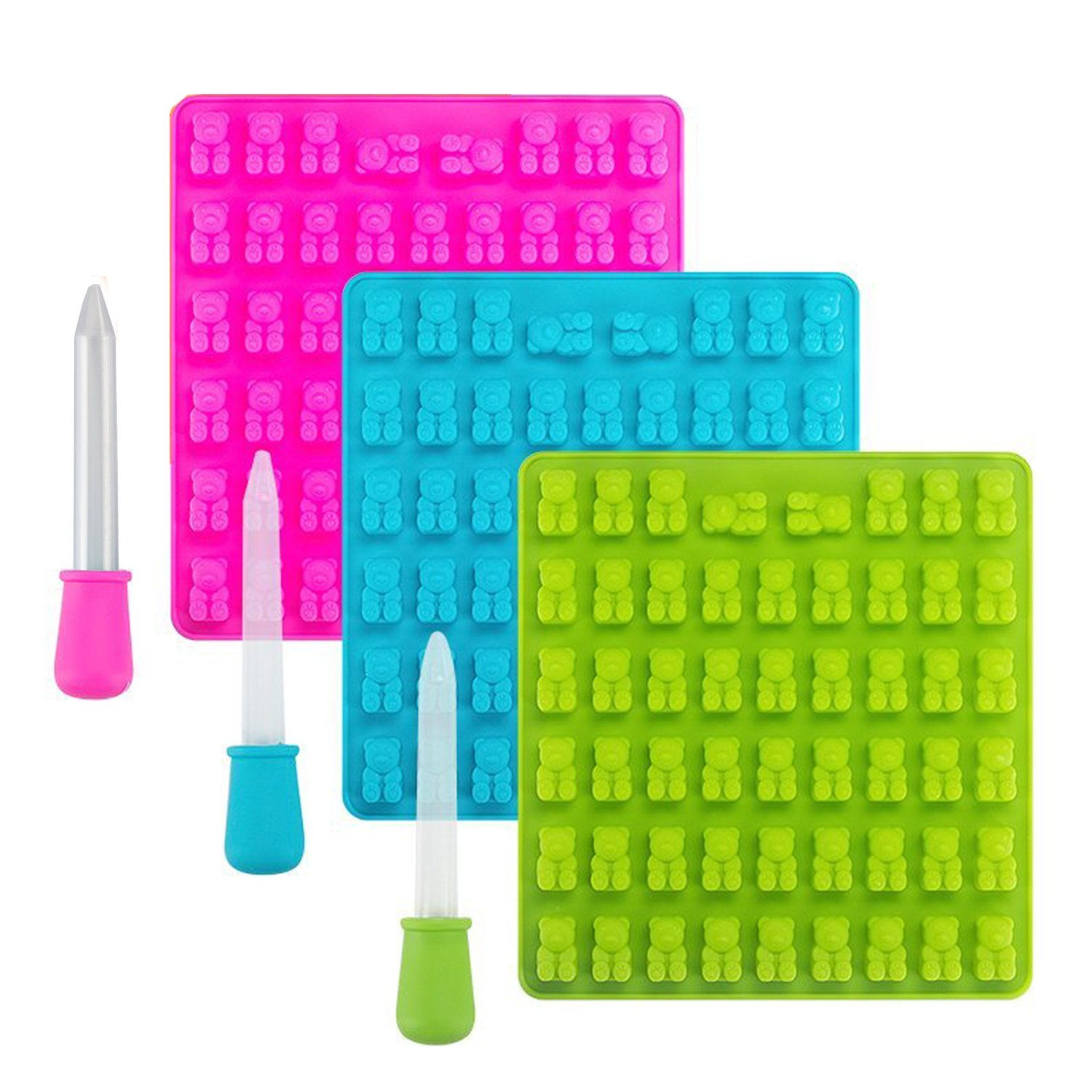 3 Pack 53 Cavities Candy Silicone Moulds & Ice Cube Trays - Gummy Bear Moulds with 3 Dropper Pipettes for Sweets, Jelly, Soap, Chocolate Making and Kids Party
