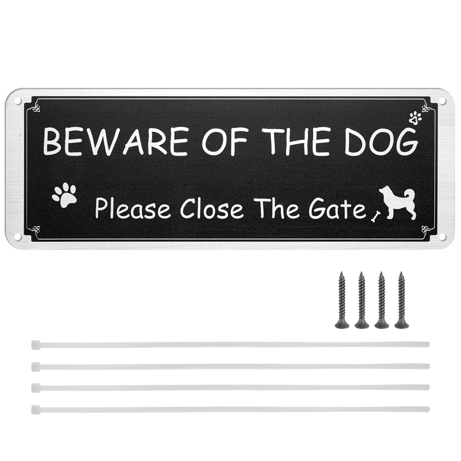 Beware of The Dog Sign - 1 Pack Please Close The Gate Sign, Aluminium Metal Dog Warning Sign, Pre-Drilled, Rustproof, UV Protected - with Zip Ties & Screws for Outdoor Gate Wall - 3.5'' × 9.8''