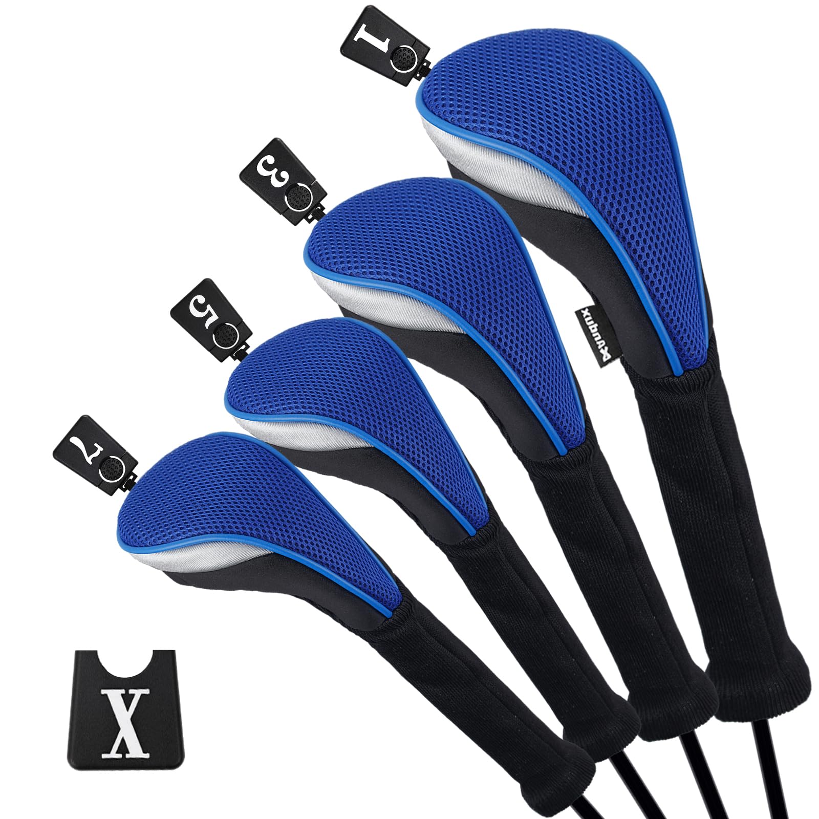 Andux Golf Fairway Wood Club Head Covers 460cc Driver Extra Long Neck 4pcs/Set Black/Blue