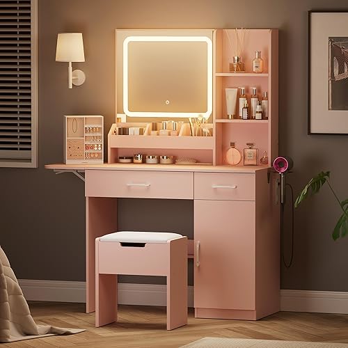 Dowinx Dressing Table with Full-Length Mirror, 3 LED Lights, Built-in Power Outlet, 3 Drawers, 7 Shelves, Storage Stool, Pink - Ideal for Bedroom or Bathroom Makeup Vanity