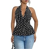 Verdusa Women's Plus Size Polka Dots Halter Top Summer Tie Back Backless Peplum Tops